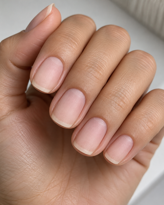 Hand with cuticles pushed back and nail surface lightly buffed, ready for gel polish