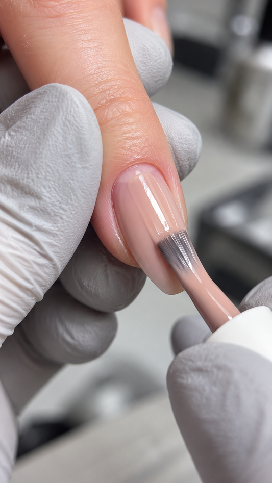 Gel polish brush applying a thin coat of colour to a nail using the three-stroke method
