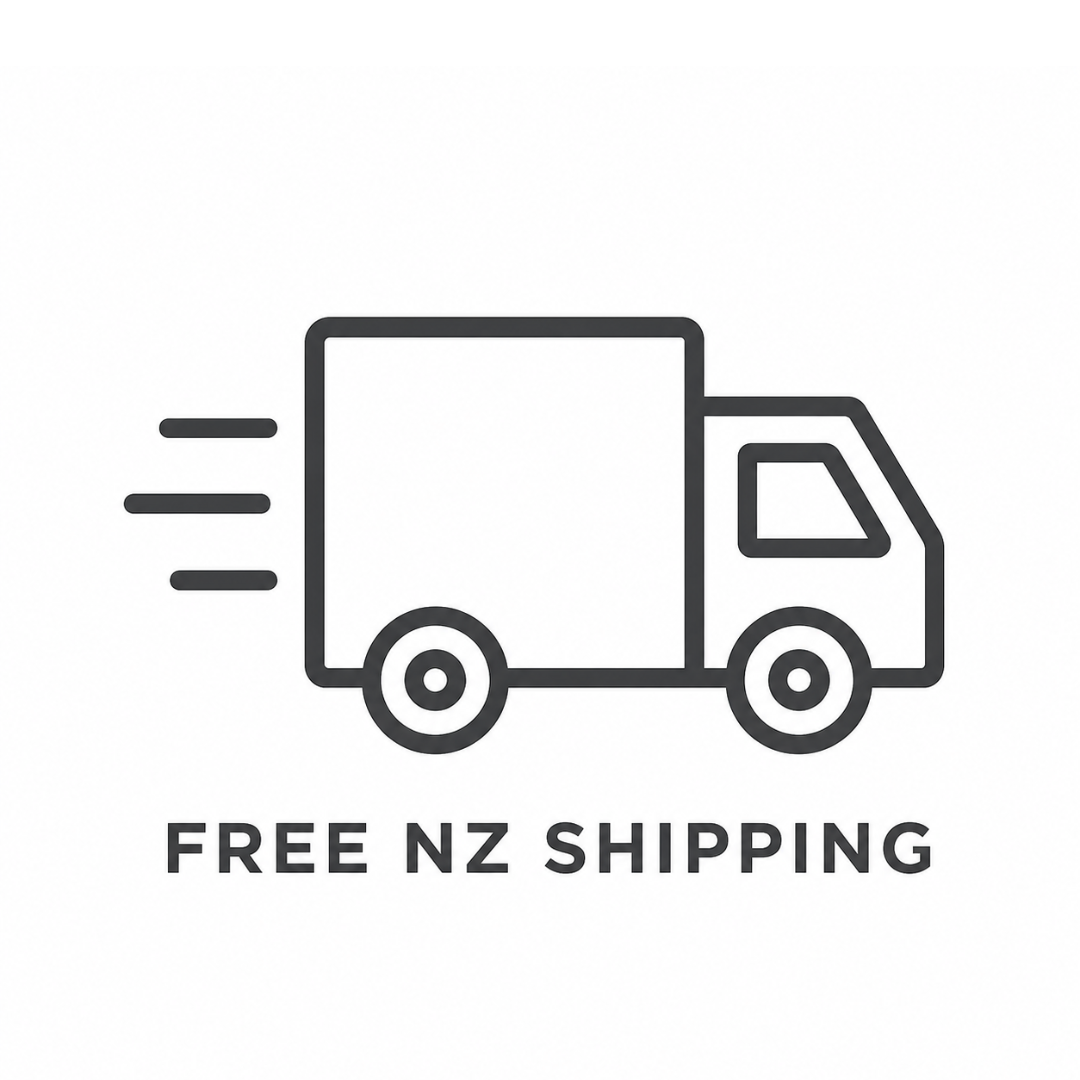 Icon of a delivery truck with 'FREE NZ SHIPPING' text on a white background