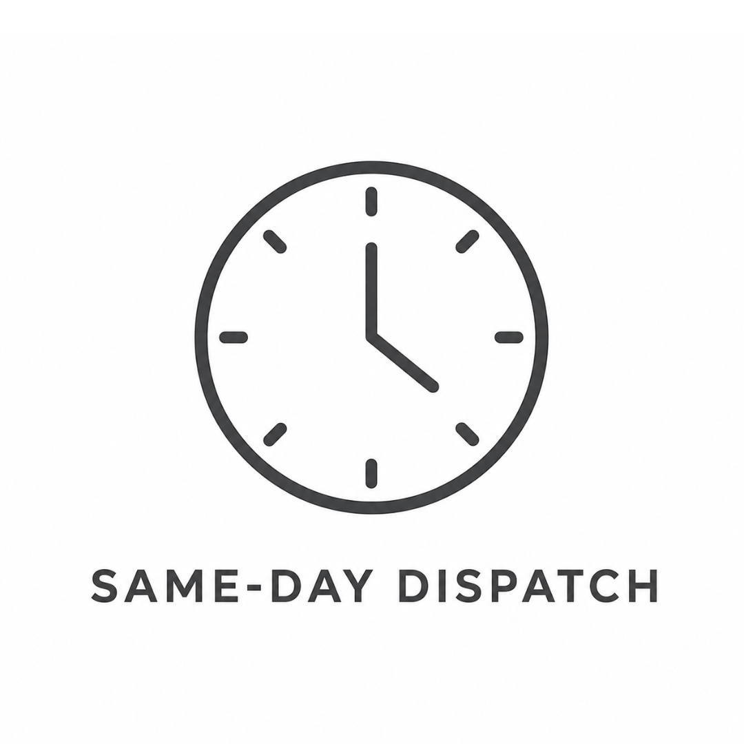 Clock icon with 'Same-Day Dispatch' text on a white background